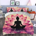 Yoga lotus duvet cover bedding set displayed in a serene bedroom with pink and purple artwork