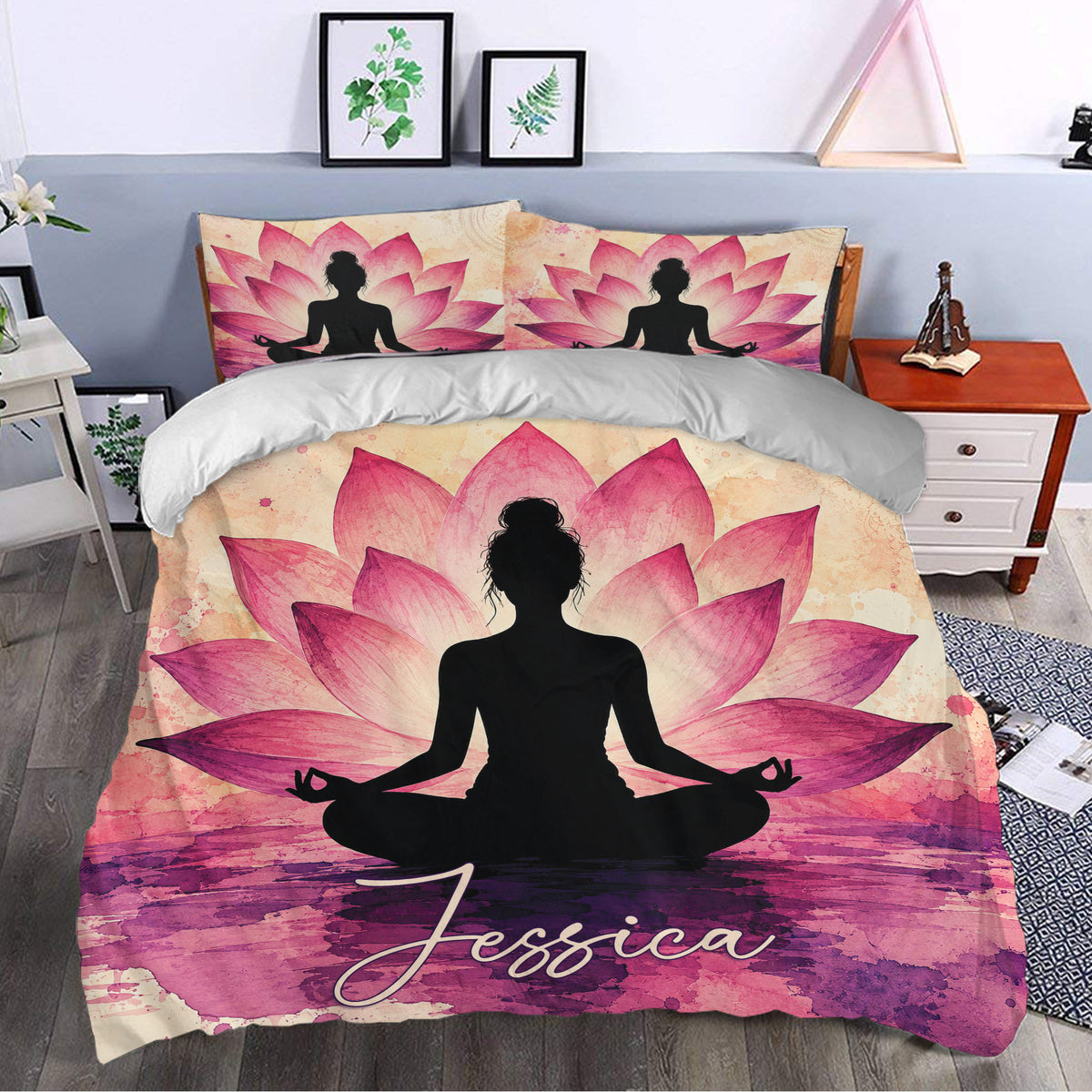 Yoga lotus duvet cover bedding set displayed in a serene bedroom with pink and purple artwork