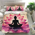 Meditation silhouette and lotus flower duvet cover set styled in a bright bedroom with tropical decor