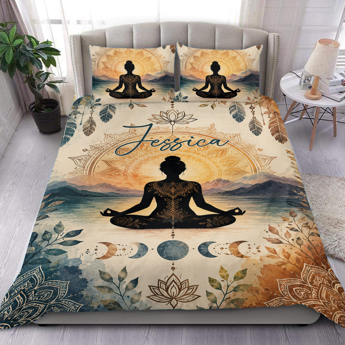 Yoga meditation duvet cover set with seated figure, lotus mandala, mountains, moon phases, and botanical details