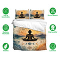 Yoga meditation bedding set shown with matching pillowcases and soft breathable fabric feature callouts