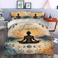 Yoga meditation duvet cover styled in a bedroom with lotus artwork, mountain scenery, botanical accents, and pillowcases