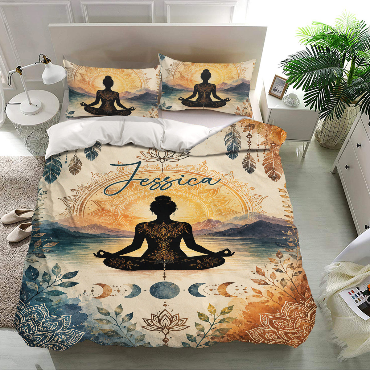 Yoga bedding set displayed in a bright bedroom with meditating figure artwork, mandala details, and botanical accents