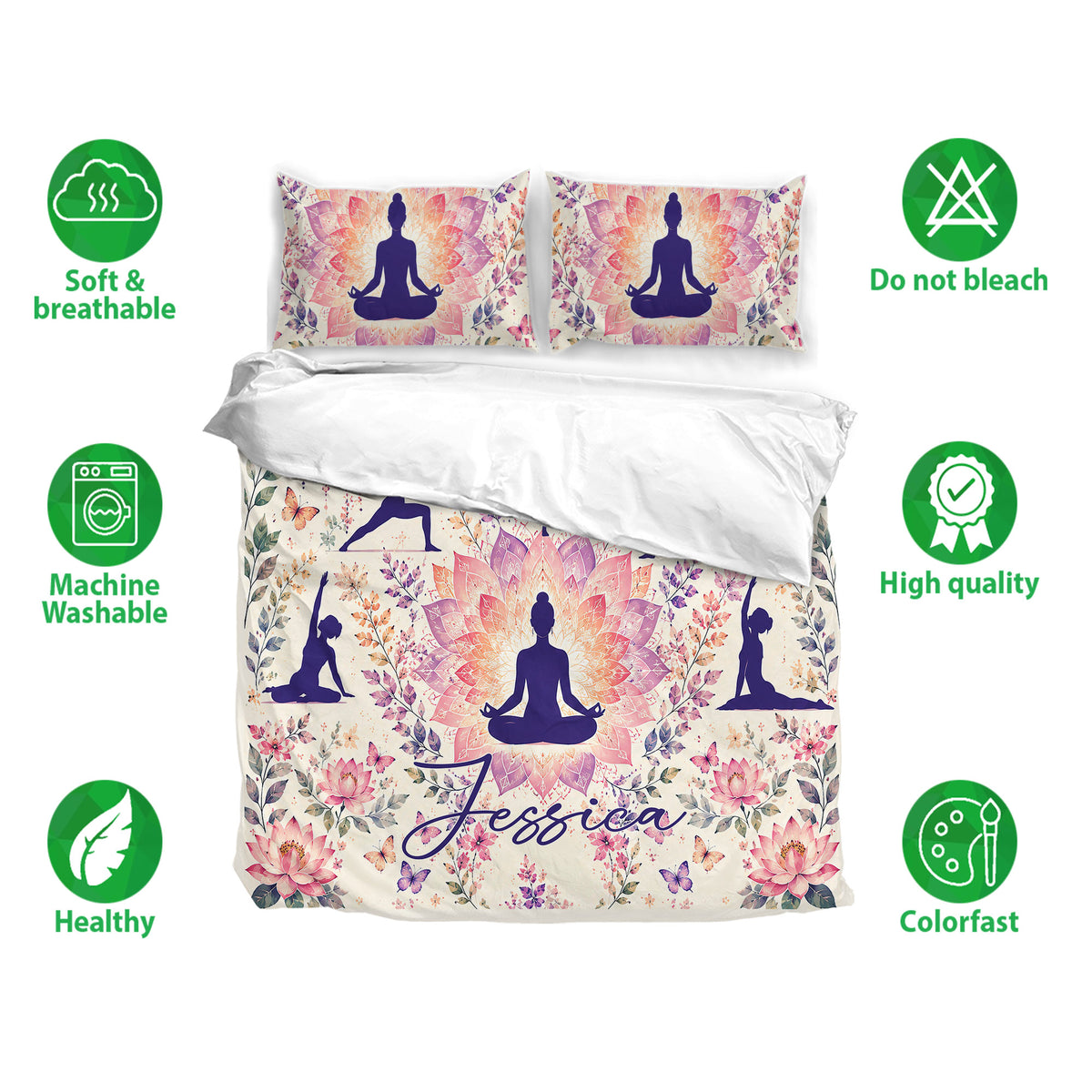 Floral yoga duvet cover bedding set displayed with matching pillowcases and soft breathable bedding features