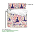 Yoga bedding set showing printable floral artwork, meditation poses, lotus motifs, and lightweight fabric detail