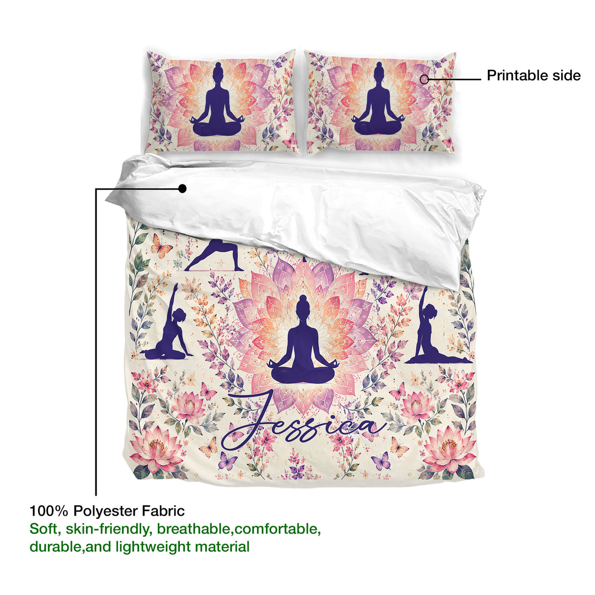 Yoga bedding set showing printable floral artwork, meditation poses, lotus motifs, and lightweight fabric detail