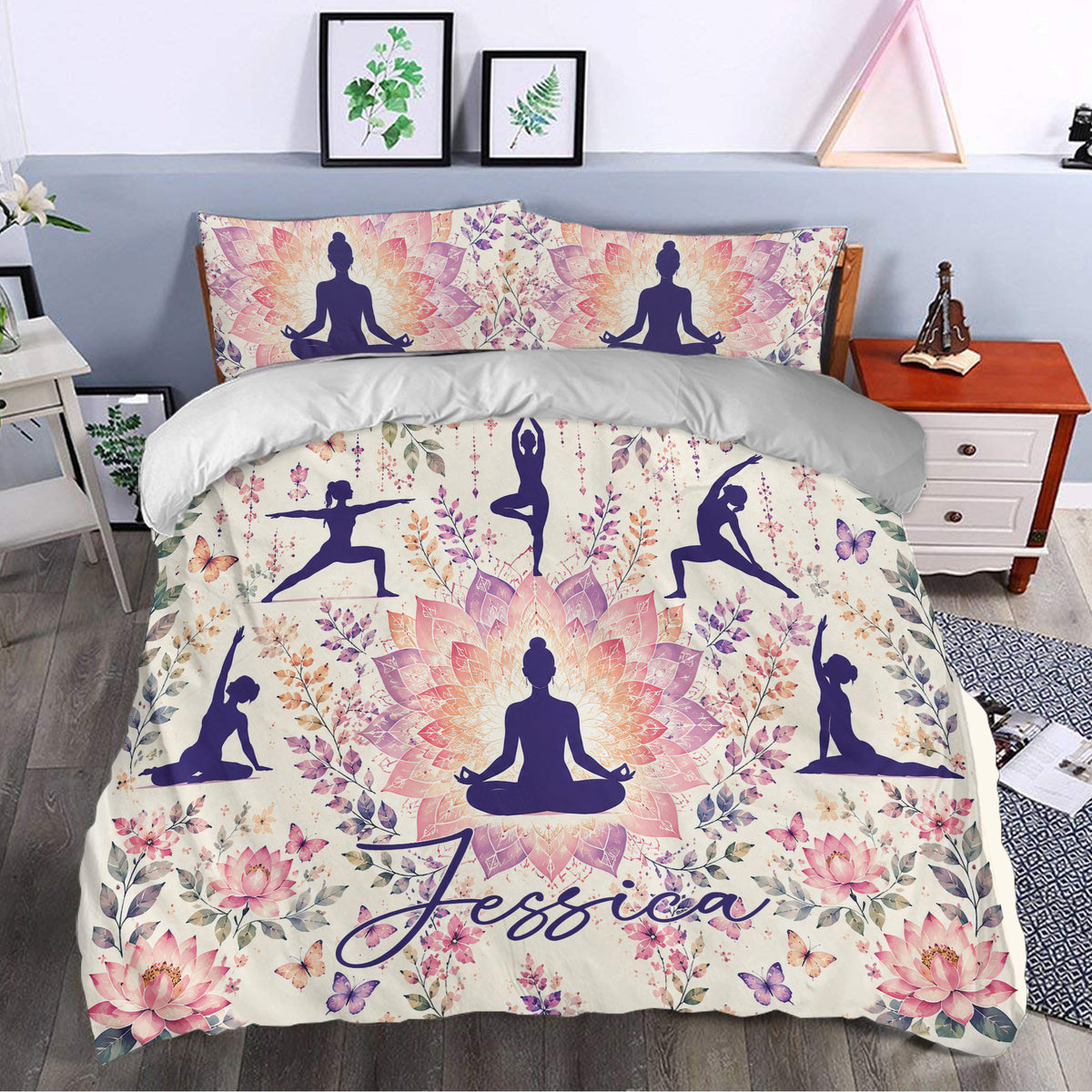 Yoga duvet cover set styled in a bedroom with purple meditation figures, pink lotus flowers, and botanical accents