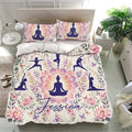 Floral yoga duvet cover bedding set with matching pillowcases, meditation silhouettes, butterflies, and lotus flowers