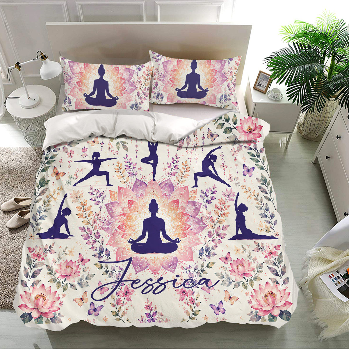 Floral yoga duvet cover bedding set with matching pillowcases, meditation silhouettes, butterflies, and lotus flowers