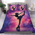 Ice skating duvet cover set with a dramatic skater silhouette over a purple and pink galaxy design