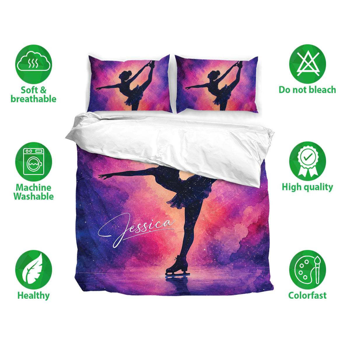 Ice skating bedding set displayed with matching pillowcases and colorful figure skater artwork
