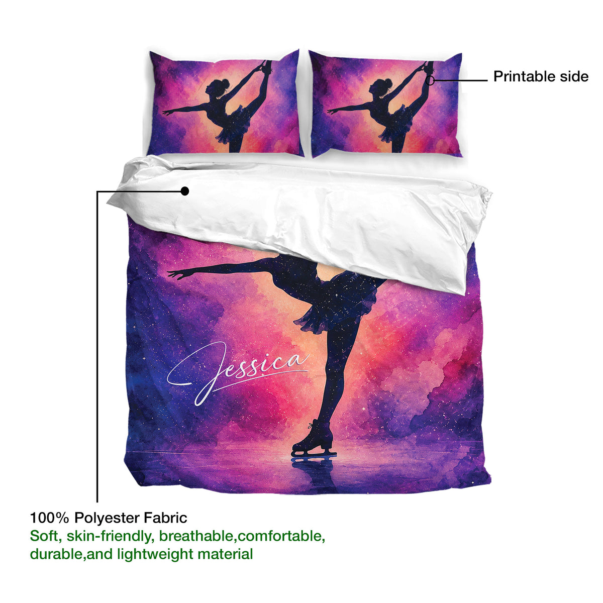 Ice skating duvet cover detail showing a galaxy skater design and printable outer surface