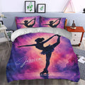 Ice skating bedding styled in a bedroom with vivid purple, pink, and cosmic figure skater artwork