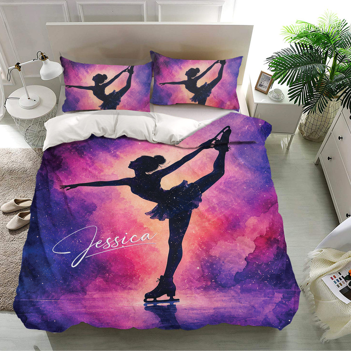 Ice skating duvet cover set presented in a bright bedroom with matching skater pillowcases