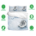 Ice skating bedding set shown with blue skate artwork, pillowcases, and soft breathable fabric features