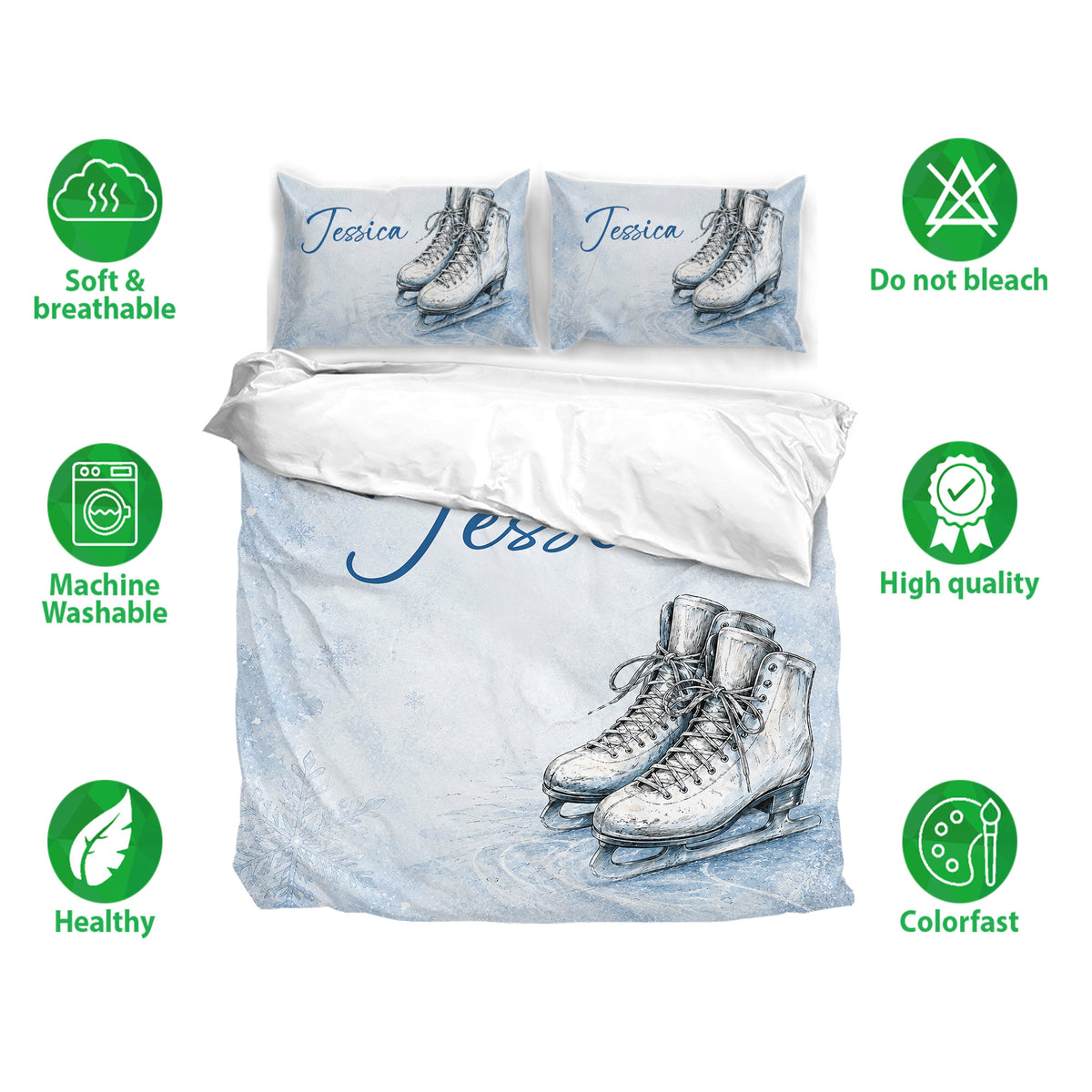 Ice skating bedding set shown with blue skate artwork, pillowcases, and soft breathable fabric features