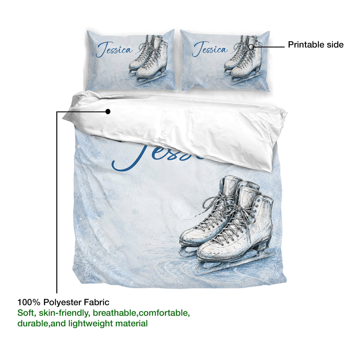 Ice skating duvet cover set shown with printable artwork, skate illustrations, and polyester fabric detail
