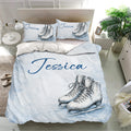 Ice skating bedding set displayed in a bright bedroom with skate artwork and coordinated pillowcases