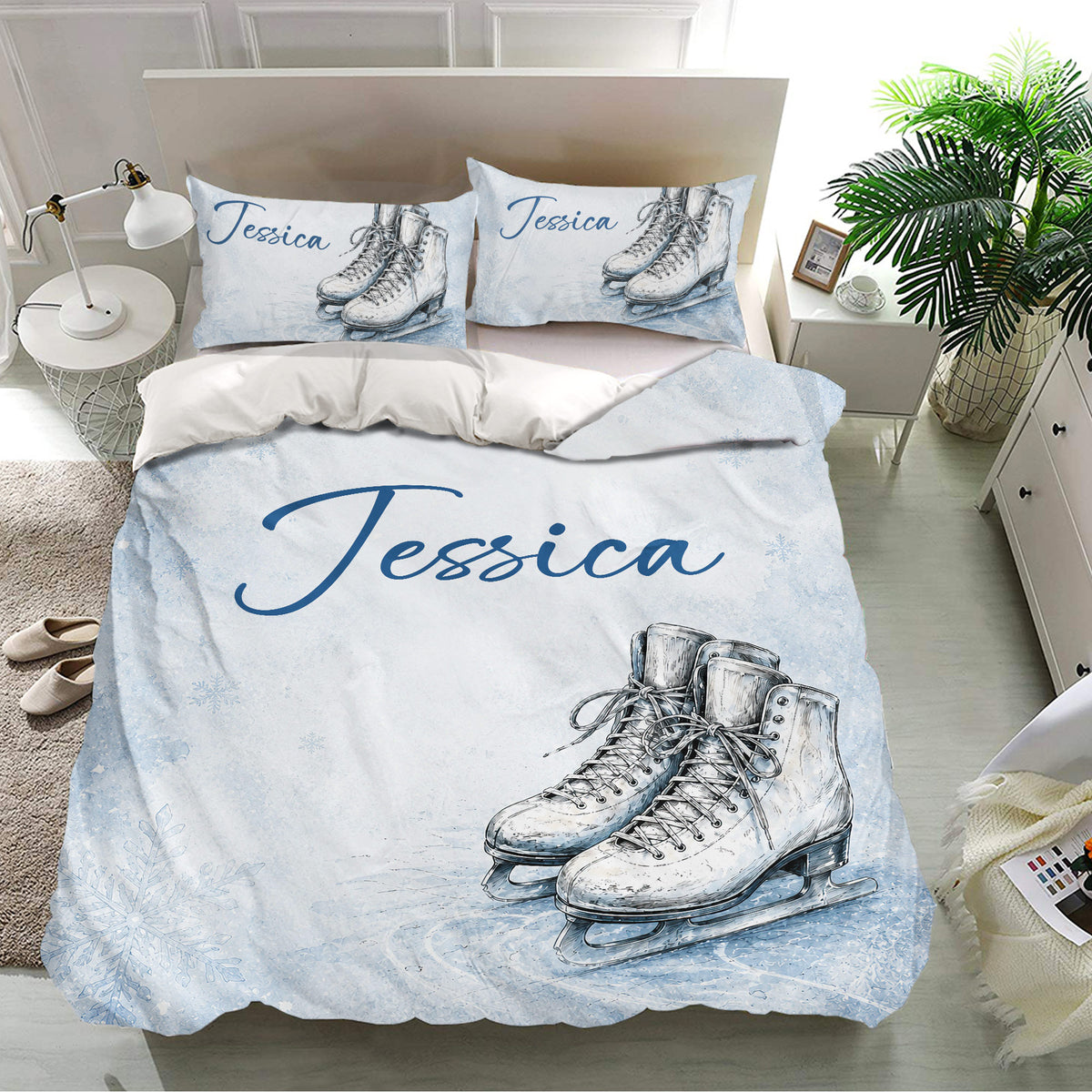 Ice skating bedding set displayed in a bright bedroom with skate artwork and coordinated pillowcases