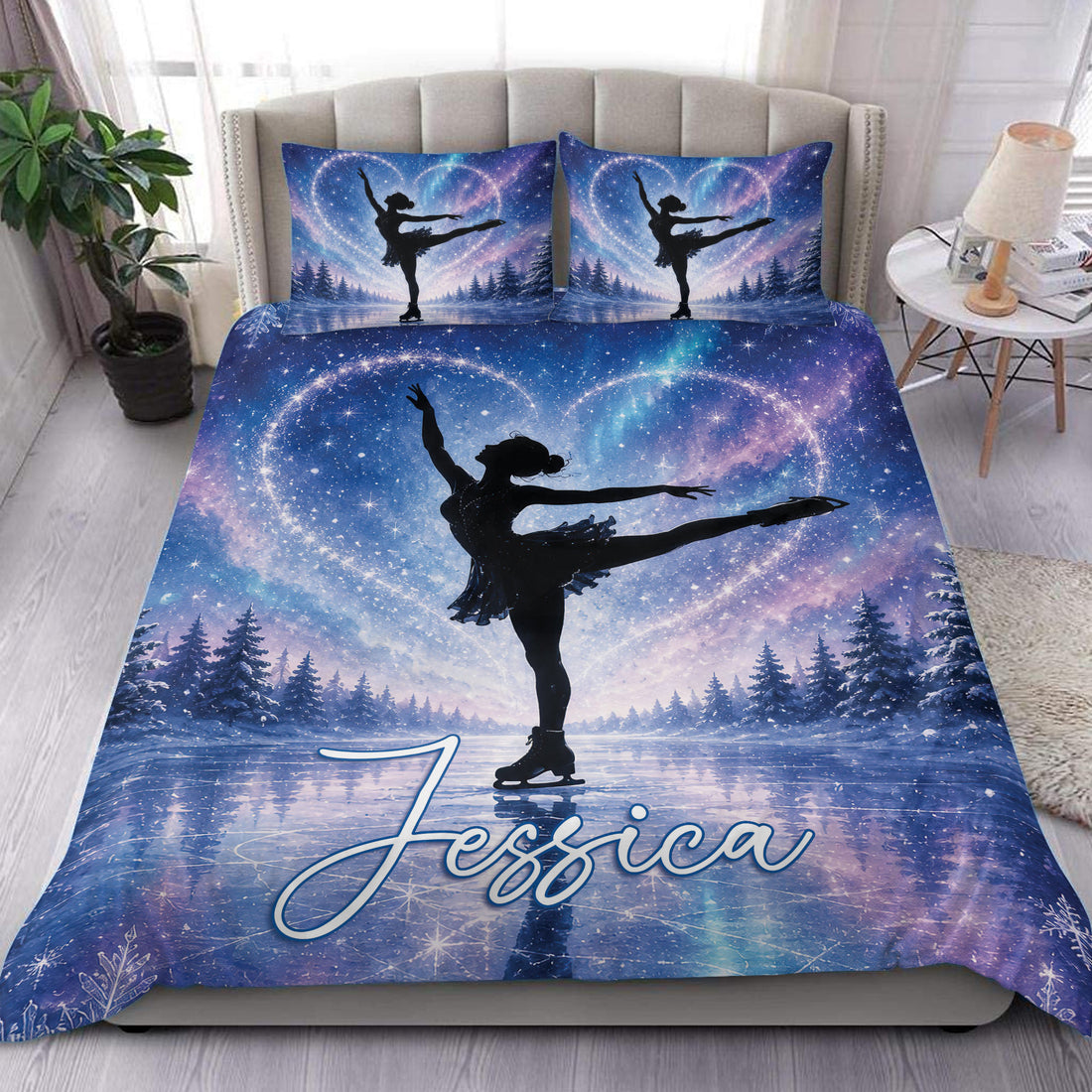 Ice skating duvet cover set with a silhouetted figure skater on a starry winter lake scene