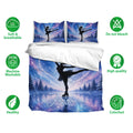 Ice skating bedding set displayed with figure skater artwork, breathable fabric and care icons