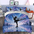 Blue and purple ice skating duvet cover bedding set styled in a bedroom with figure skater artwork