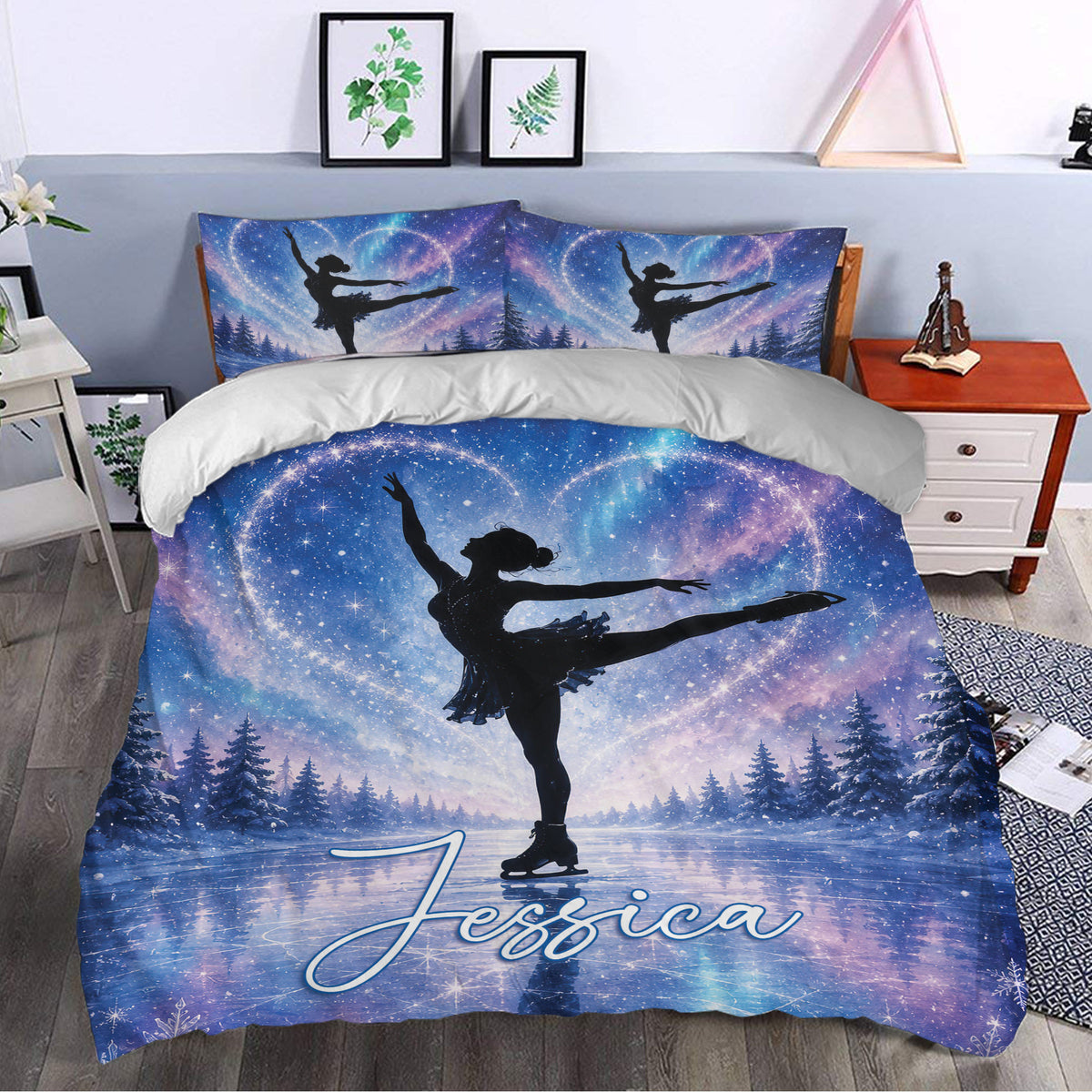 Blue and purple ice skating duvet cover bedding set styled in a bedroom with figure skater artwork