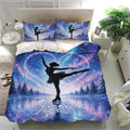 Figure skating duvet cover set with galaxy sky, frozen lake, evergreen trees and matching pillowcases