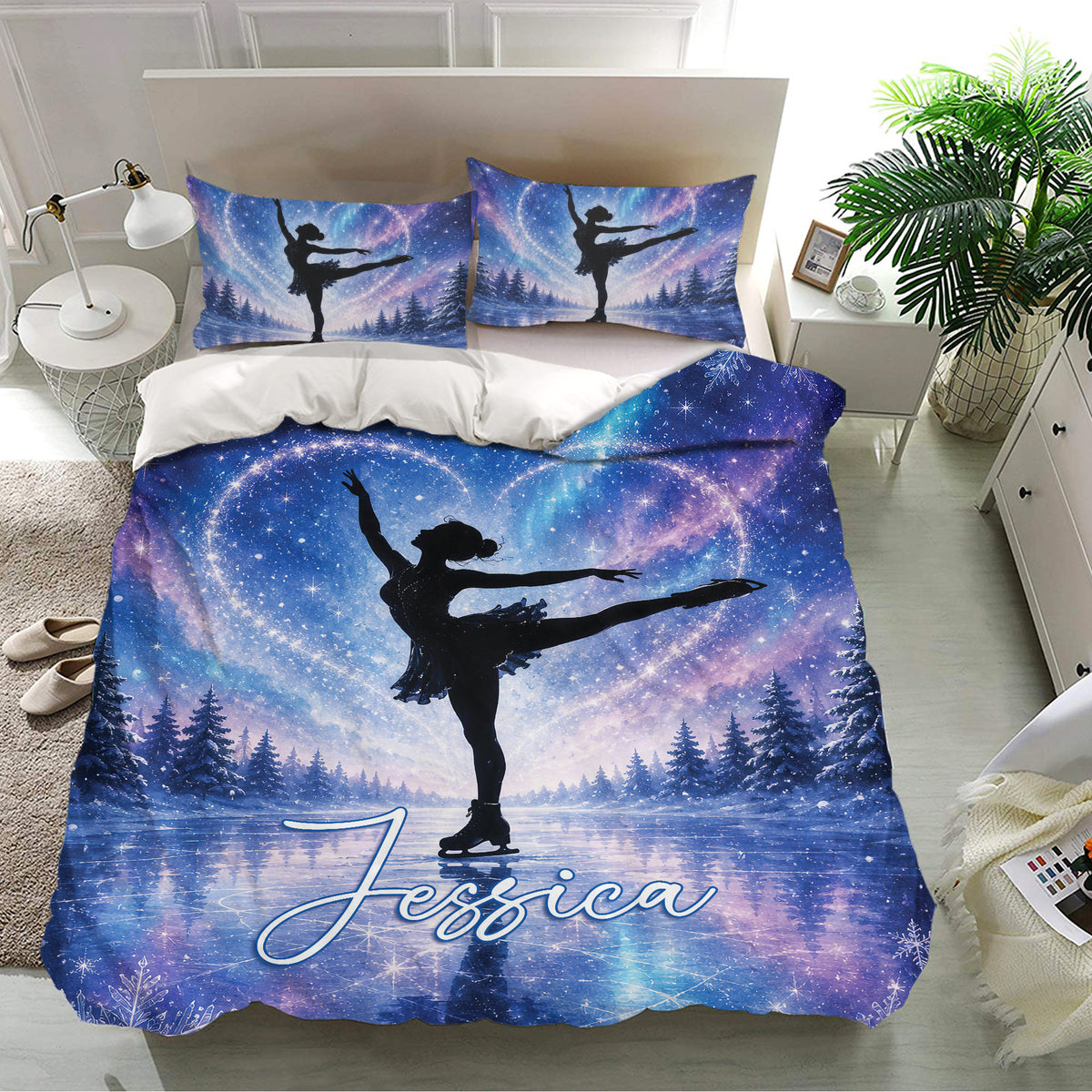 Figure skating duvet cover set with galaxy sky, frozen lake, evergreen trees and matching pillowcases