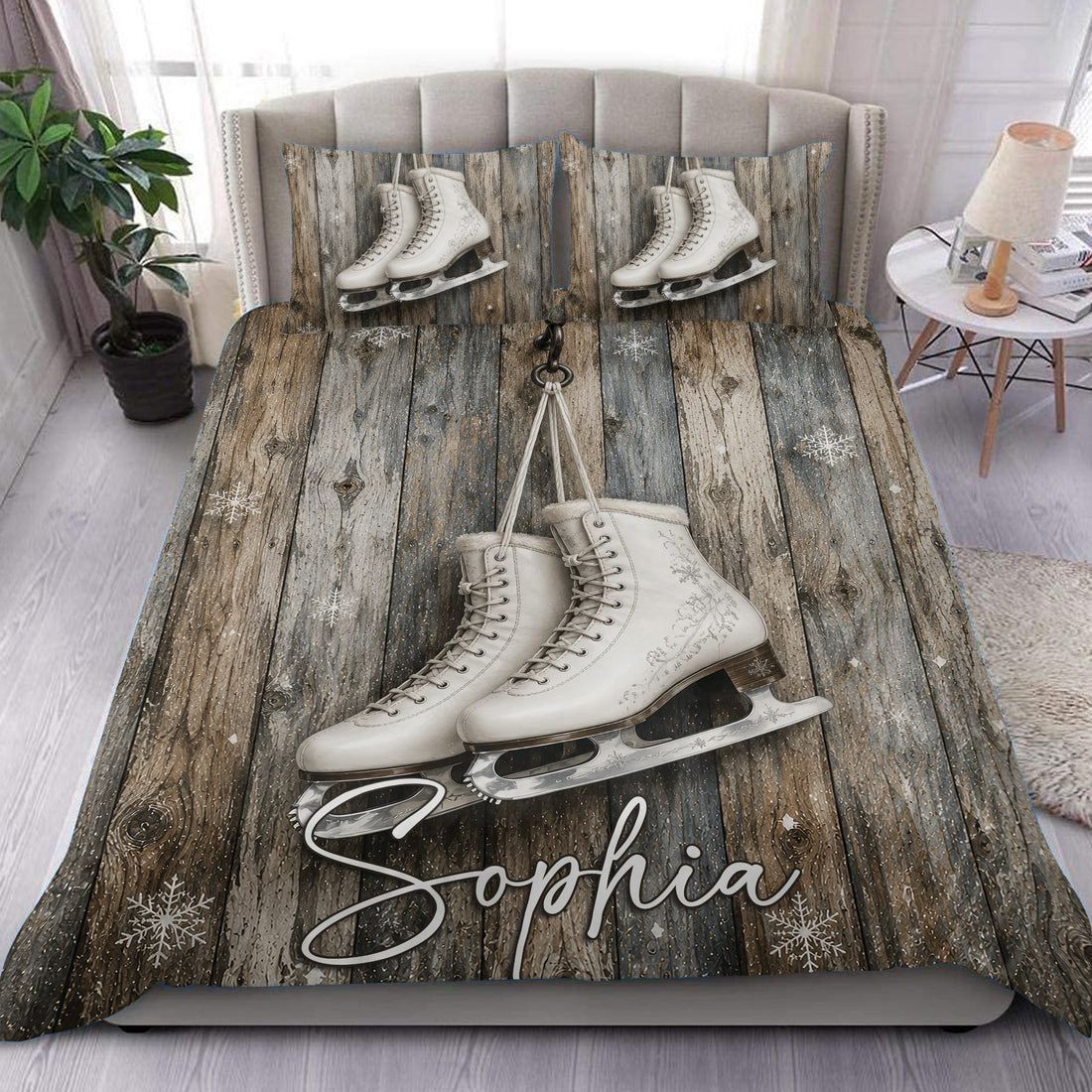 Ice skating duvet cover set with white figure skates on rustic wood and snowflake accents