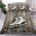 Ice skating duvet cover set with white figure skates on rustic wood and snowflake accents