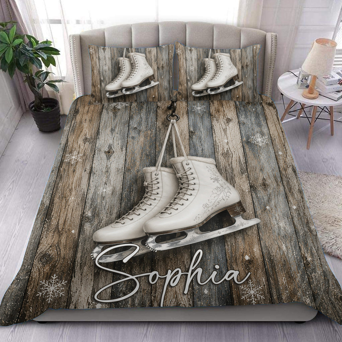 Ice skating duvet cover set with white figure skates on rustic wood and snowflake accents