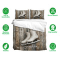 Ice skating bedding set displayed with matching pillowcases and soft breathable fabric callouts