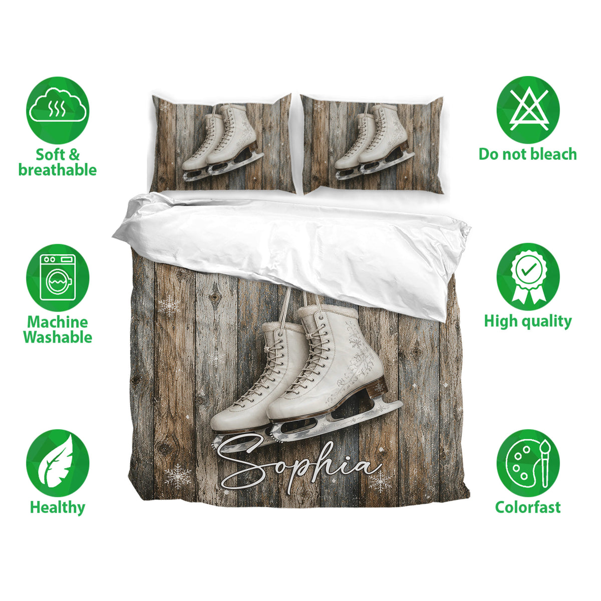Ice skating bedding set displayed with matching pillowcases and soft breathable fabric callouts