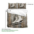 Ice skating duvet cover set showing the printed side, rustic wood texture, and figure skate design