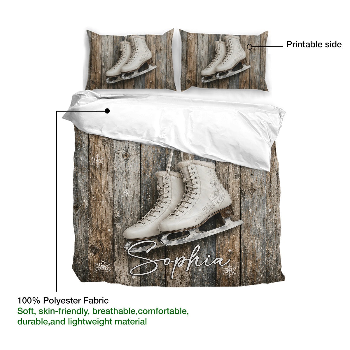 Ice skating duvet cover set showing the printed side, rustic wood texture, and figure skate design