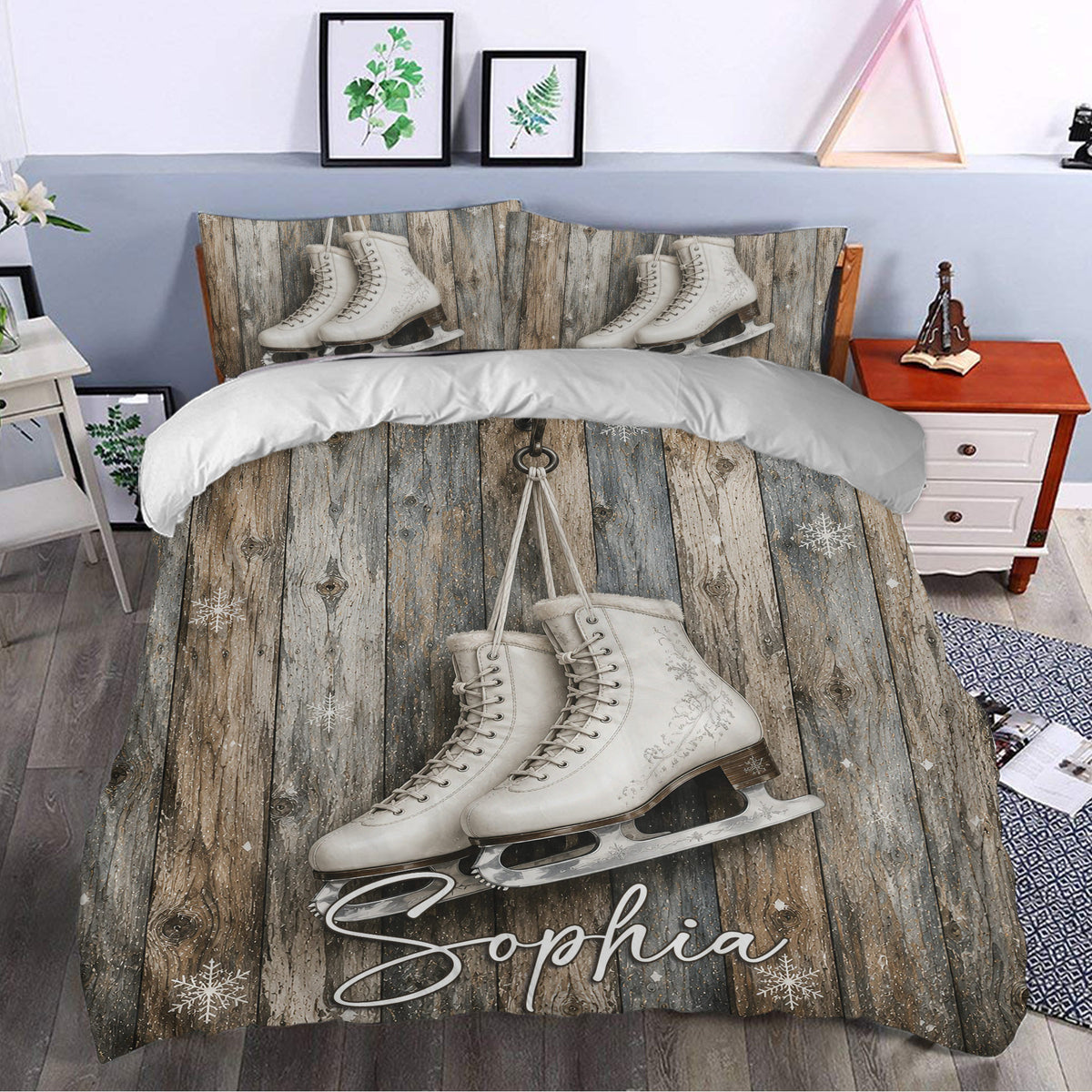 Ice skating duvet cover bedding displayed in a bedroom with white skates and winter snowflakes