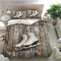 Ice skating bedding set styled in a bright bedroom with matching skate pillowcases and wood texture