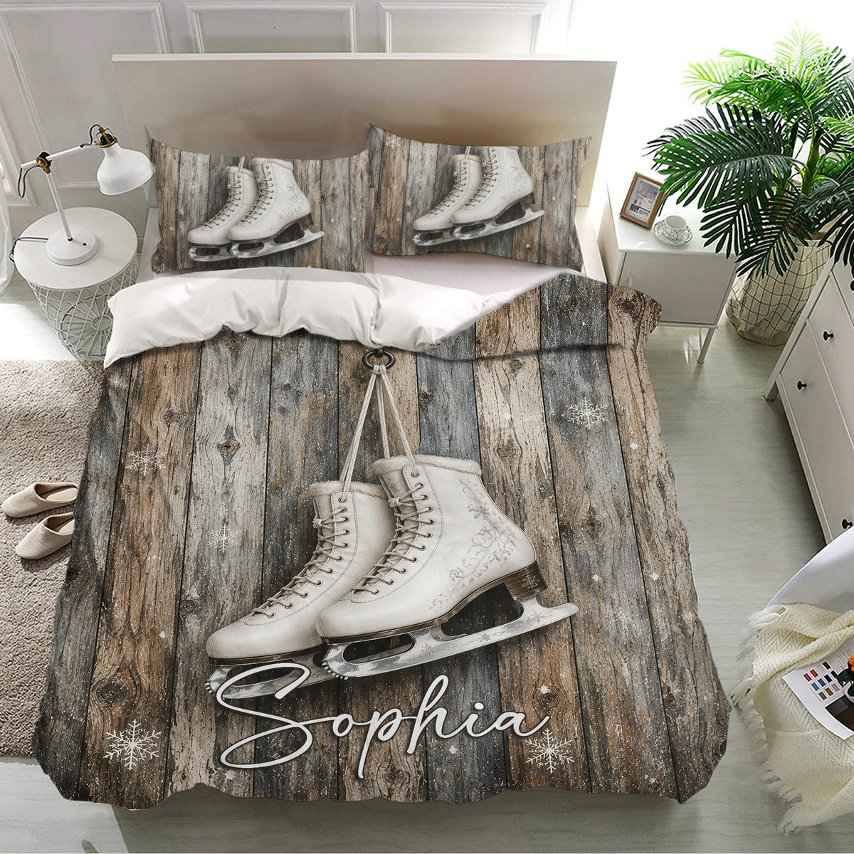Ice skating bedding set styled in a bright bedroom with matching skate pillowcases and wood texture