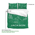 Green skiing duvet cover set showing the printable side and 100% polyester fabric detail