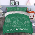 Green skiing duvet cover bedding set styled with alpine mountain scenery and skier artwork