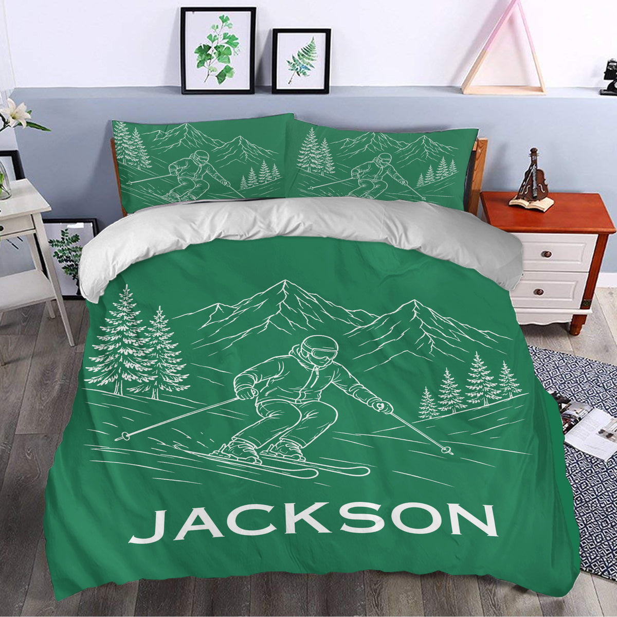 Green skiing duvet cover bedding set styled with alpine mountain scenery and skier artwork