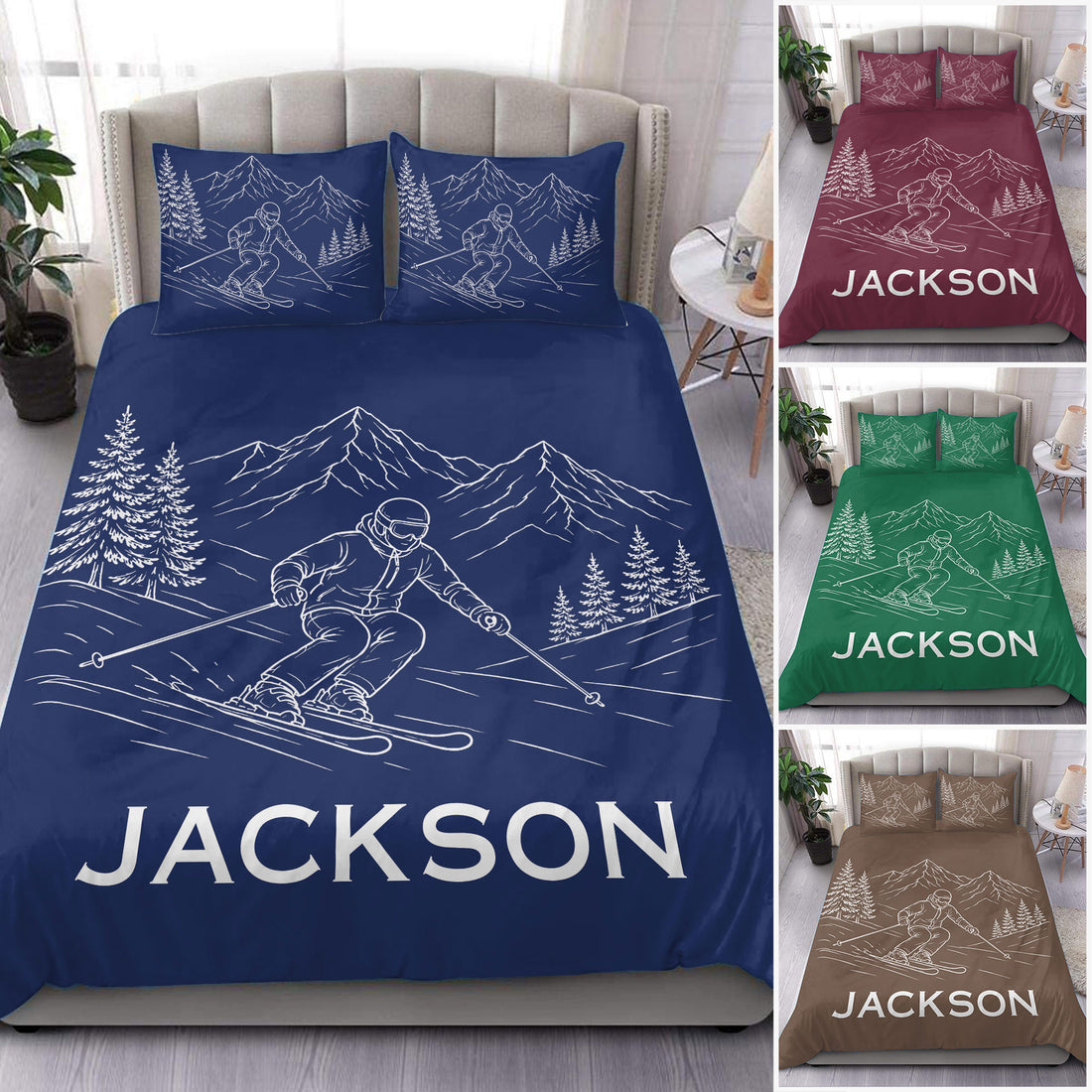 Navy skiing duvet cover set with mountain peaks, evergreen trees, and a skier on the slopes