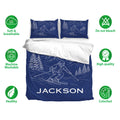Skiing duvet cover bedding set displayed on a bed with soft breathable fabric feature icons