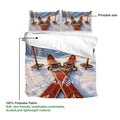 Skiing duvet cover showing the printed side, snowy slopes, vintage skis, and lightweight fabric