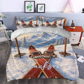 Skiing duvet cover bedding set styled in a bedroom with snowy mountain and ski artwork