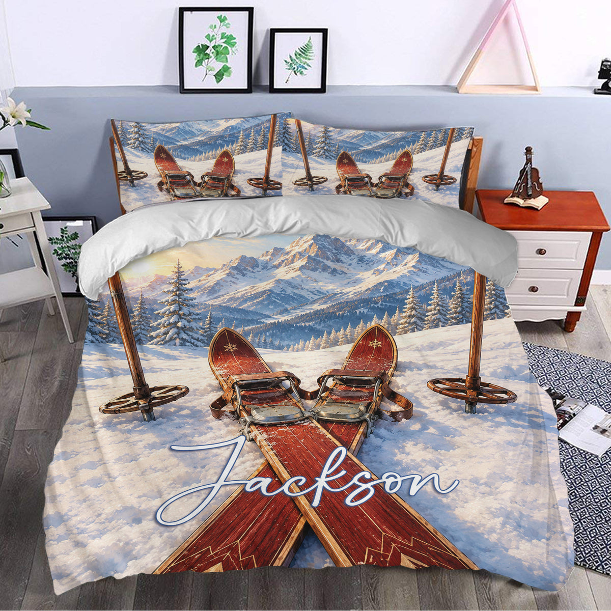 Skiing duvet cover bedding set styled in a bedroom with snowy mountain and ski artwork