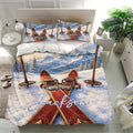 Skiing bedding set in a bright bedroom with matching pillowcases and vintage ski mountain artwork