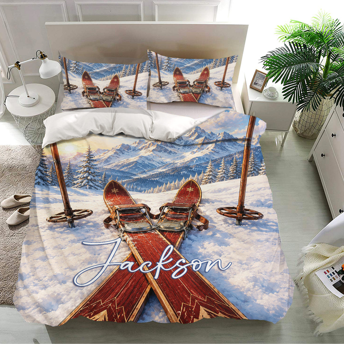 Skiing bedding set in a bright bedroom with matching pillowcases and vintage ski mountain artwork
