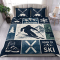 Skiing duvet cover set with skier, snowy mountains, skis, goggles, and deep navy winter artwork